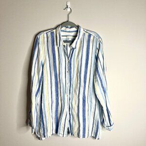 J. Jill LoveLinen Blue Yellow Striped Collared Button-Up Long Sleeve Top Sz XL